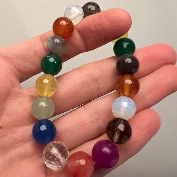 Semiprecious gemstone rainbow round bead chunky bauble beaded stacking bracelet - Picture 11 of 17